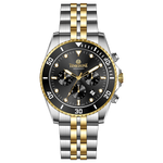 A TIMEZONE branded watch with a stainless steel band and a black dial featuring black accents and gold accents. The watch has a chronograph function and a date display.