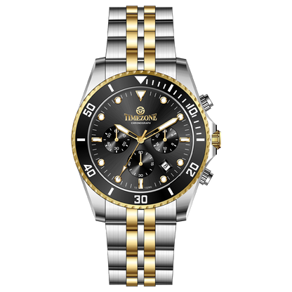 A TIMEZONE branded watch with a stainless steel band and a black dial featuring black accents and gold accents. The watch has a chronograph function and a date display.
