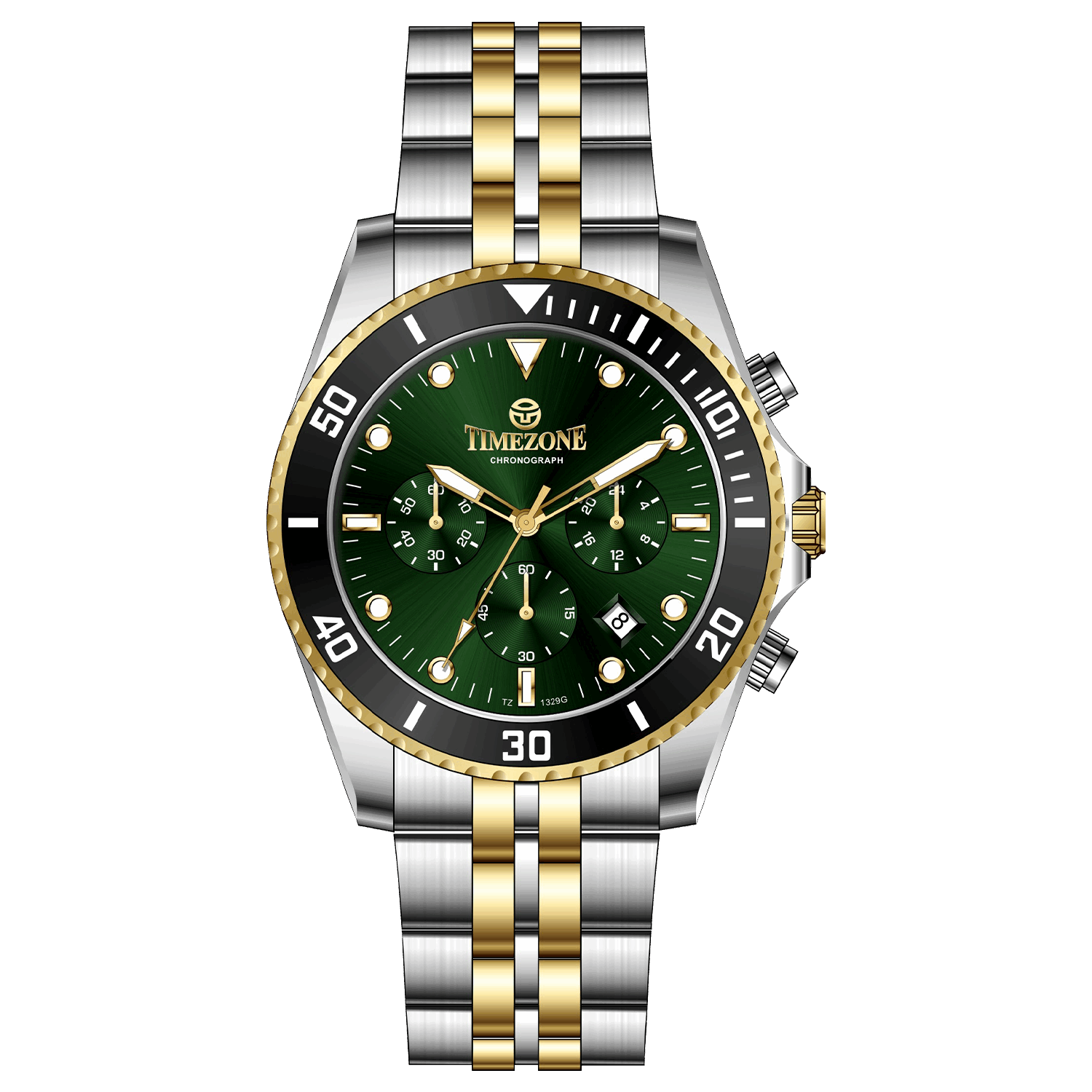 A TIMEZONE branded watch with a stainless steel band and a green dial featuring black accents and gold accents. The watch has a chronograph function and a date display. A branded Timezone Watches stainless steel watch with a silver dial, rose gold hands and a date display. Discover timezone watches: elegant branded wrist watch for men in pakistan.