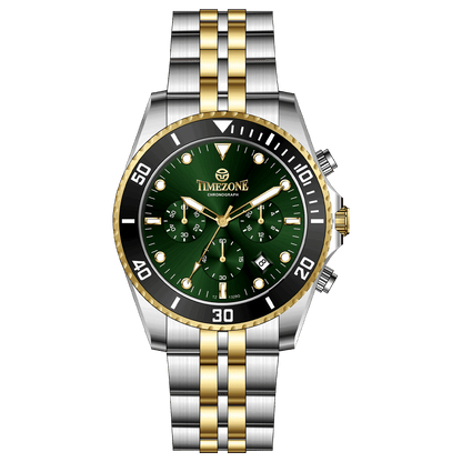 A TIMEZONE branded watch with a stainless steel band and a green dial featuring black accents and gold accents. The watch has a chronograph function and a date display. A branded Timezone Watches stainless steel watch with a silver dial, rose gold hands and a date display. Discover timezone watches: elegant branded wrist watch for men in pakistan.