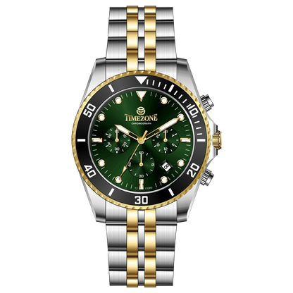 A TIMEZONE branded watch with a stainless steel band and a green dial featuring black accents and gold accents. The watch has a chronograph function and a date display. A branded Timezone Watches stainless steel watch with a silver dial, rose gold hands and a date display. Discover timezone watches: elegant branded wrist watch for men in pakistan.