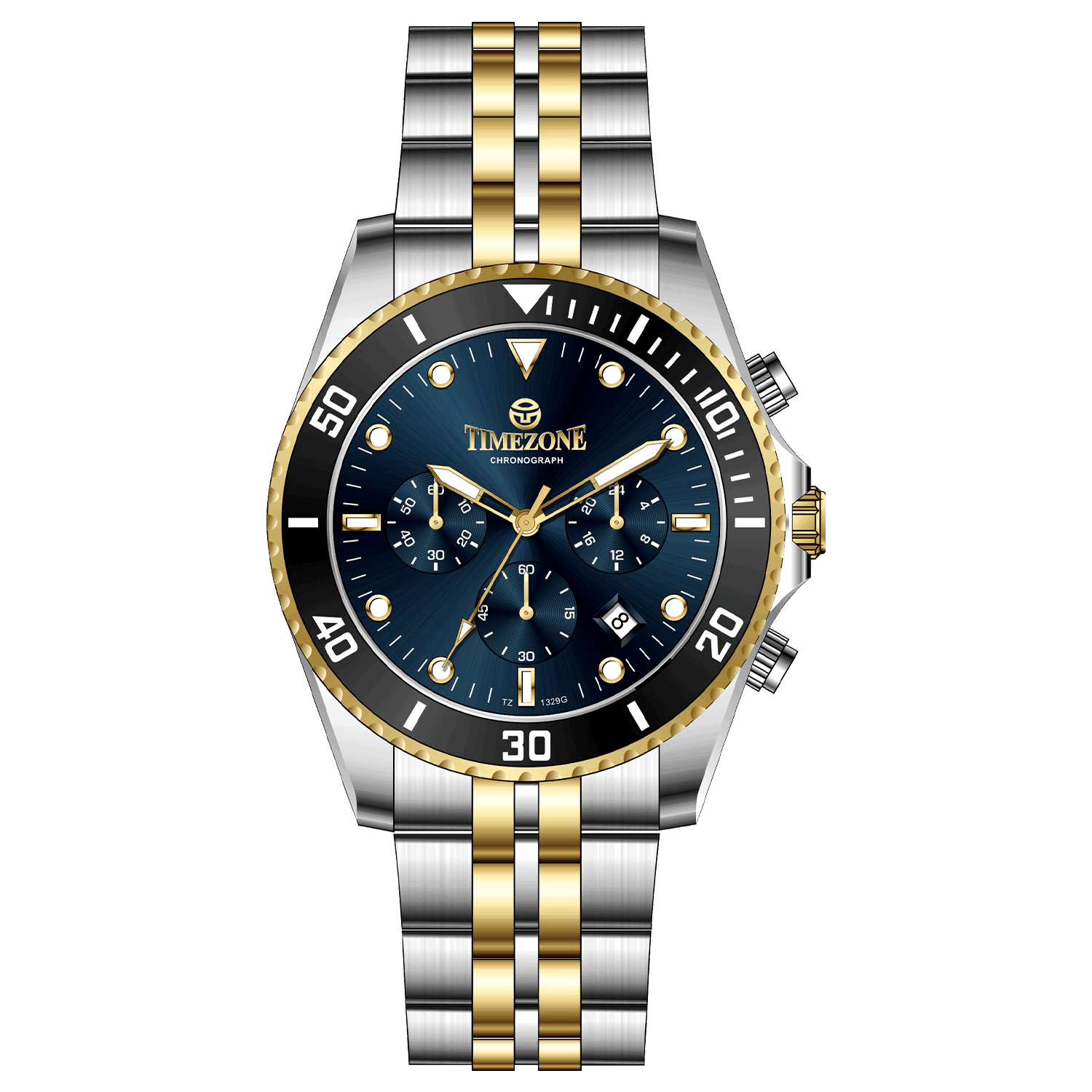 A TIMEZONE branded watch with a stainless steel band and a blue dial featuring black accents and gold accents. The watch has a chronograph function and a date display. A branded Timezone Watches stainless steel watch with a silver dial, rose gold hands and a date display. Discover timezone watches: elegant branded wrist watch for men in pakistan.