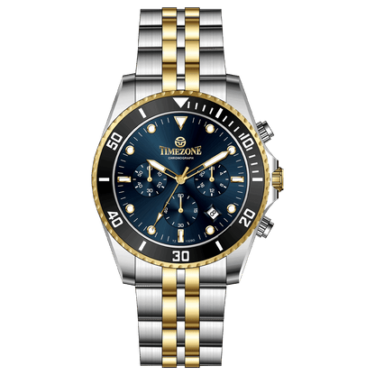 A TIMEZONE branded watch with a stainless steel band and a blue dial featuring black accents and gold accents. The watch has a chronograph function and a date display. A branded Timezone Watches stainless steel watch with a silver dial, rose gold hands and a date display. Discover timezone watches: elegant branded wrist watch for men in pakistan.