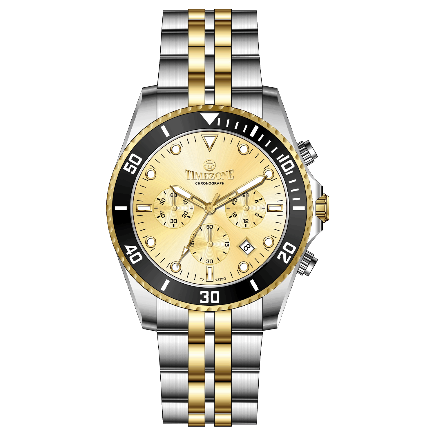 A TIMEZONE branded watch with a stainless steel band and a silver dial featuring black accents and gold accents. The watch has a chronograph function and a date display. A branded Timezone Watches stainless steel watch with a silver dial, rose gold hands and a date display. Discover timezone watches: elegant branded wrist watch for men in pakistan.