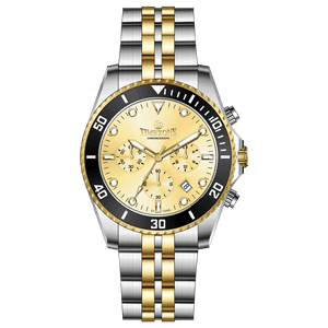 A TIMEZONE branded watch with a stainless steel band and a silver dial featuring black accents and gold accents. The watch has a chronograph function and a date display. A branded Timezone Watches stainless steel watch with a silver dial, rose gold hands and a date display. Discover timezone watches: elegant branded wrist watch for men in pakistan.