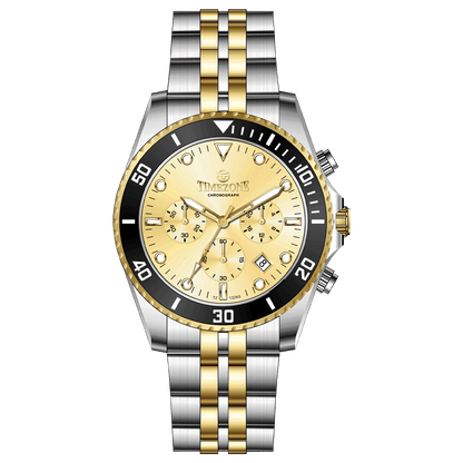 A TIMEZONE branded watch with a stainless steel band and a silver dial featuring black accents and gold accents. The watch has a chronograph function and a date display. A branded Timezone Watches stainless steel watch with a silver dial, rose gold hands and a date display. Discover timezone watches: elegant branded wrist watch for men in pakistan.