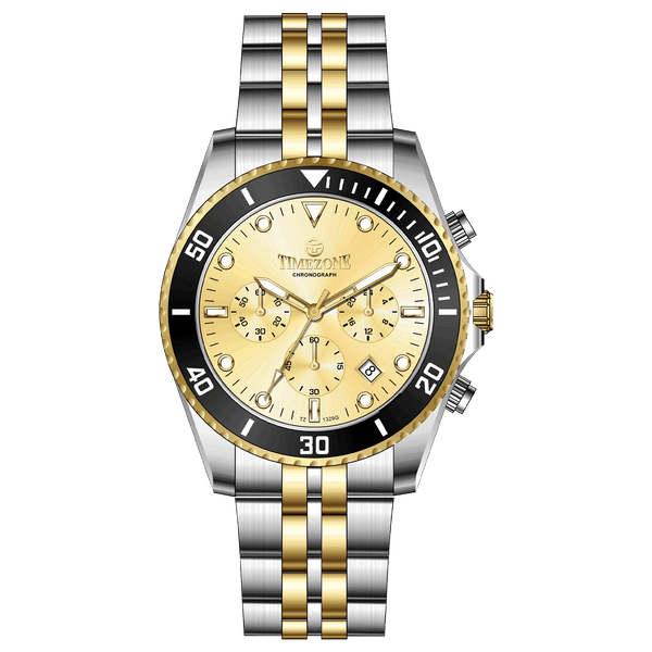 A TIMEZONE branded watch with a stainless steel band and a silver dial featuring black accents and gold accents. The watch has a chronograph function and a date display. A branded Timezone Watches stainless steel watch with a silver dial, rose gold hands and a date display. Discover timezone watches: elegant branded wrist watch for men in pakistan.