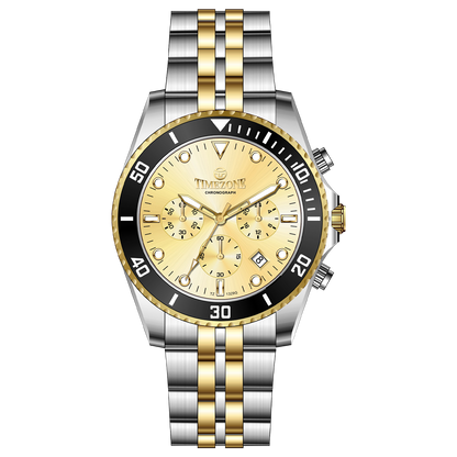 A TIMEZONE branded watch with a stainless steel band and a silver dial featuring black accents and gold accents. The watch has a chronograph function and a date display. A branded Timezone Watches stainless steel watch with a silver dial, rose gold hands and a date display. Discover timezone watches: elegant branded wrist watch for men in pakistan.