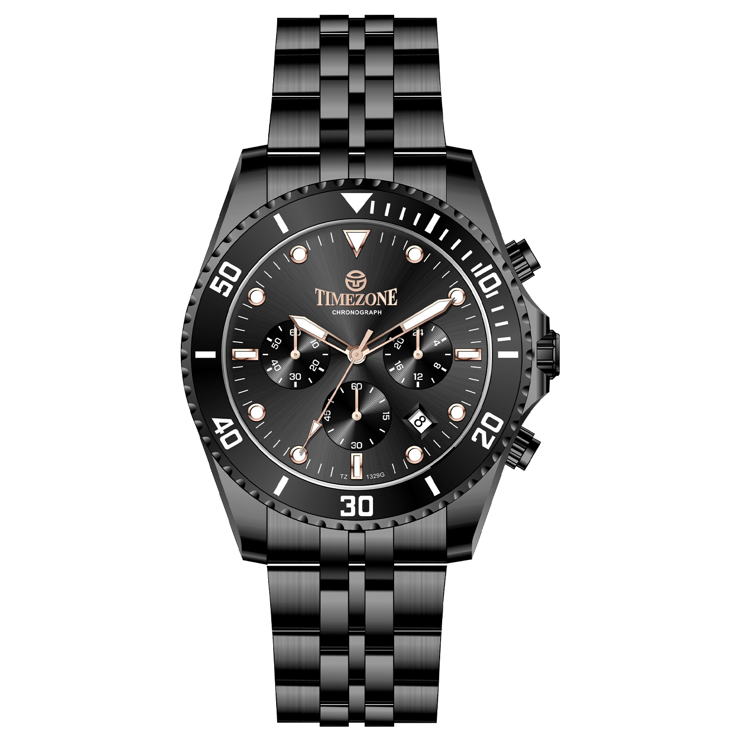 A black stainless steel Timezone watch with a chronograph function, and black a stainless steel band. A branded Timezone Watches stainless steel watch with a silver dial, rose gold hands and a date display. Discover timezone watches: elegant branded wrist watch for men in pakistan.