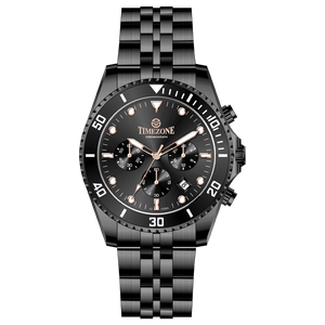 A black stainless steel Timezone watch with a chronograph function, and black a stainless steel band. A branded Timezone Watches stainless steel watch with a silver dial, rose gold hands and a date display. Discover timezone watches: elegant branded wrist watch for men in pakistan.
