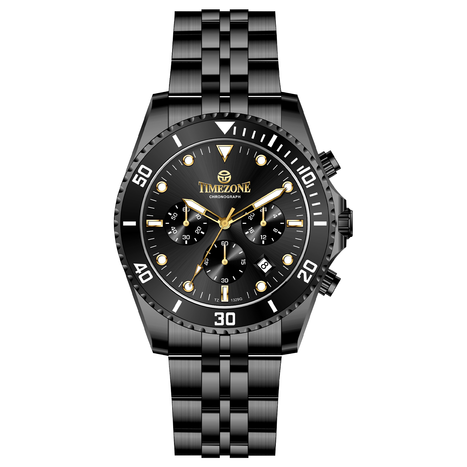 A black stainless steel Timezone watch with a chronograph function, a stainless steel band. A branded Timezone Watches stainless steel watch with a silver dial, rose gold hands and a date display. Discover timezone watches: elegant branded wrist watch for men in pakistan.