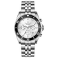 A silver stainless steel chronograph watch with a silver band and a silver case. The watch has a analog-digital display and multiple sub-dials. A branded Timezone Watches stainless steel watch with a silver dial, rose gold hands and a date display. Discover timezone watches: elegant branded wrist watch for men in pakistan.