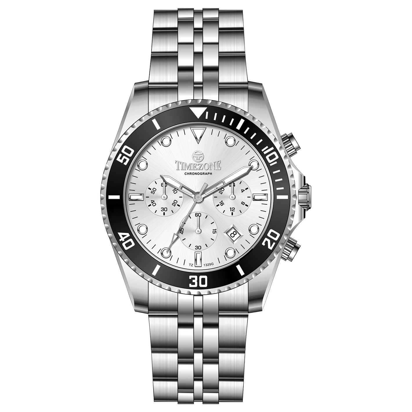 A silver stainless steel chronograph watch with a silver band and a silver case. The watch has a analog-digital display and multiple sub-dials. A branded Timezone Watches stainless steel watch with a silver dial, rose gold hands and a date display. Discover timezone watches: elegant branded wrist watch for men in pakistan.
