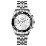 A silver stainless steel chronograph watch with a silver band and a silver case. The watch has a analog-digital display and multiple sub-dials. A branded Timezone Watches stainless steel watch with a silver dial, rose gold hands and a date display. Discover timezone watches: elegant branded wrist watch for men in pakistan.