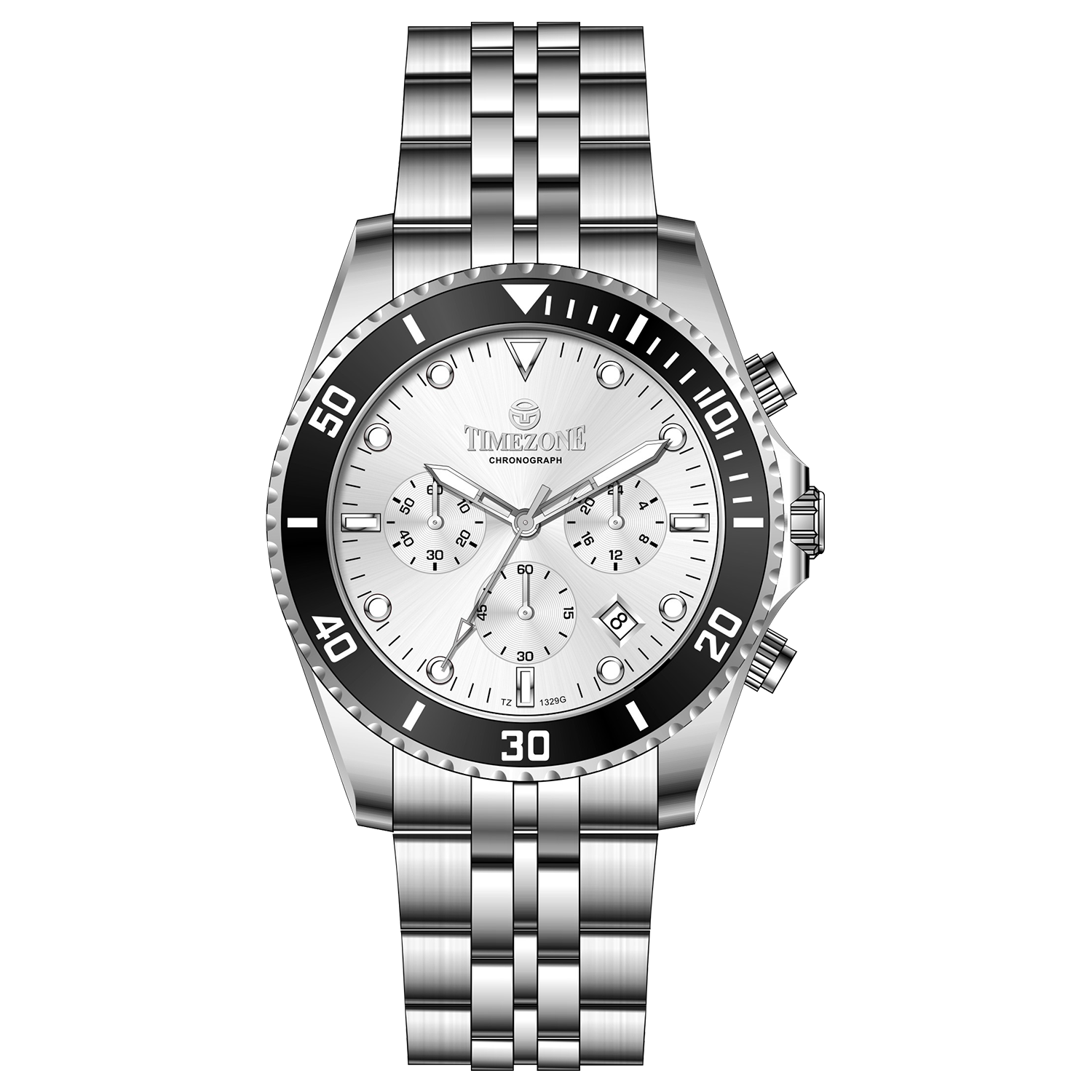 A silver stainless steel chronograph watch with a silver band and a silver case. The watch has a analog-digital display and multiple sub-dials. A branded Timezone Watches stainless steel watch with a silver dial, rose gold hands and a date display. Discover timezone watches: elegant branded wrist watch for men in pakistan.