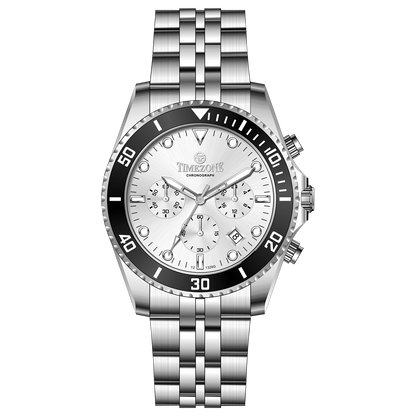 A silver stainless steel chronograph watch with a silver band and a silver case. The watch has a analog-digital display and multiple sub-dials. A branded Timezone Watches stainless steel watch with a silver dial, rose gold hands and a date display. Discover timezone watches: elegant branded wrist watch for men in pakistan.