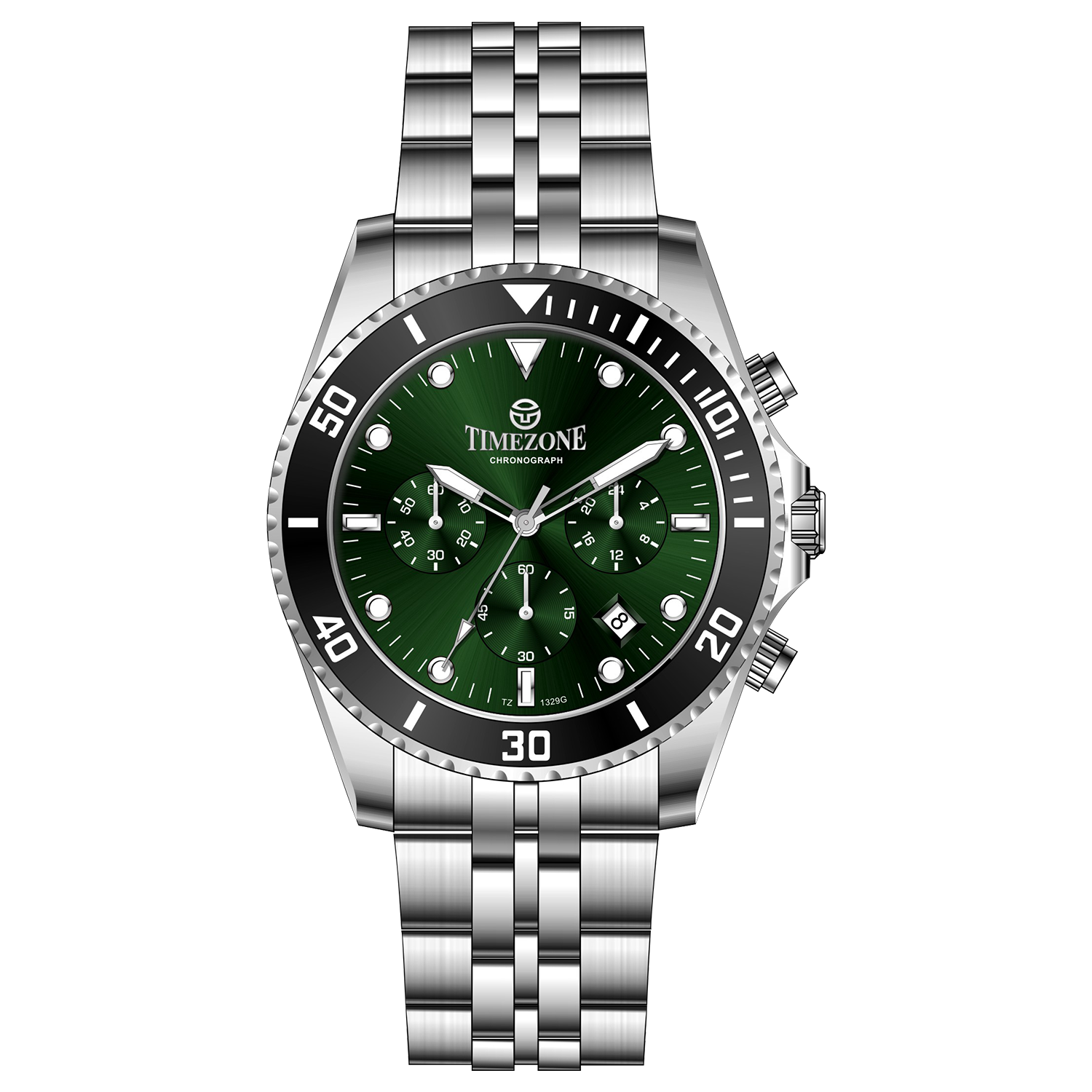 A silver stainless steel chronograph watch with a silver band and a silver case. The watch has a analog-digital display and multiple sub-dials. A branded Timezone Watches stainless steel watch with a silver dial, rose gold hands and a date display. Discover timezone watches: elegant branded wrist watch for men in pakistan.