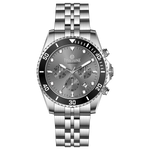 A silver stainless steel chronograph watch with a silver band and a silver case. The watch has a analog-digital display and multiple sub-dials. A branded Timezone Watches stainless steel watch with a silver dial, rose gold hands and a date display. Discover timezone watches: elegant branded wrist watch for men in pakistan.