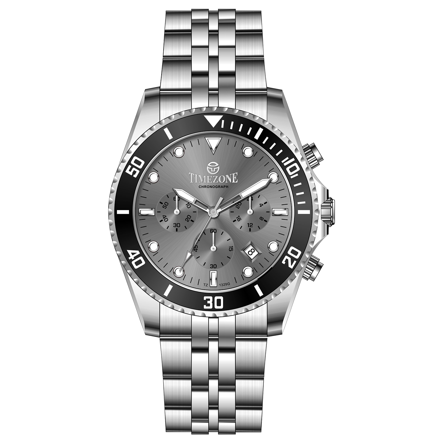 A silver stainless steel chronograph watch with a silver band and a silver case. The watch has a analog-digital display and multiple sub-dials. A branded Timezone Watches stainless steel watch with a silver dial, rose gold hands and a date display. Discover timezone watches: elegant branded wrist watch for men in pakistan.