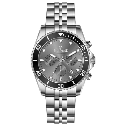 A silver stainless steel chronograph watch with a silver band and a silver case. The watch has a analog-digital display and multiple sub-dials. A branded Timezone Watches stainless steel watch with a silver dial, rose gold hands and a date display. Discover timezone watches: elegant branded wrist watch for men in pakistan.