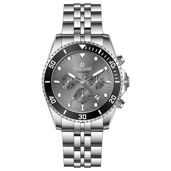 A silver stainless steel chronograph watch with a silver band and a silver case. The watch has a analog-digital display and multiple sub-dials. A branded Timezone Watches stainless steel watch with a silver dial, rose gold hands and a date display. Discover timezone watches: elegant branded wrist watch for men in pakistan.