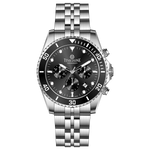 A silver stainless steel chronograph watch with a silver band and a black case. The watch has a analog-digital display and multiple sub-dials. A branded Timezone Watches stainless steel watch with a silver dial, rose gold hands and a date display. Discover timezone watches: elegant branded wrist watch for men in pakistan.