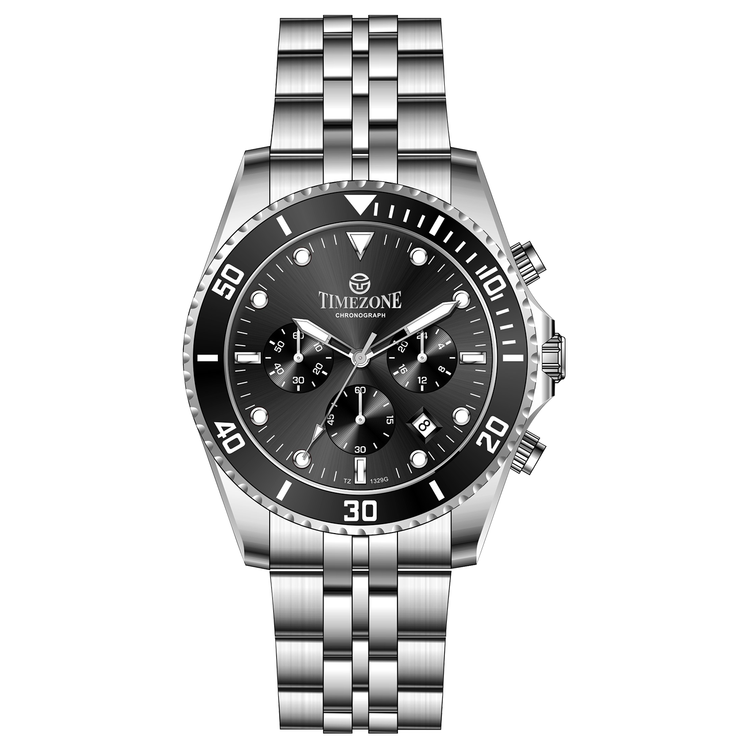 A silver stainless steel chronograph watch with a silver band and a black case. The watch has a analog-digital display and multiple sub-dials. A branded Timezone Watches stainless steel watch with a silver dial, rose gold hands and a date display. Discover timezone watches: elegant branded wrist watch for men in pakistan.