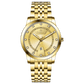 Branded wrist watch for men in pakistan. A gold-colored stainless steel Evertime Pulse watch with a white dial and diamond-like embellishments, displayed against a plain background.