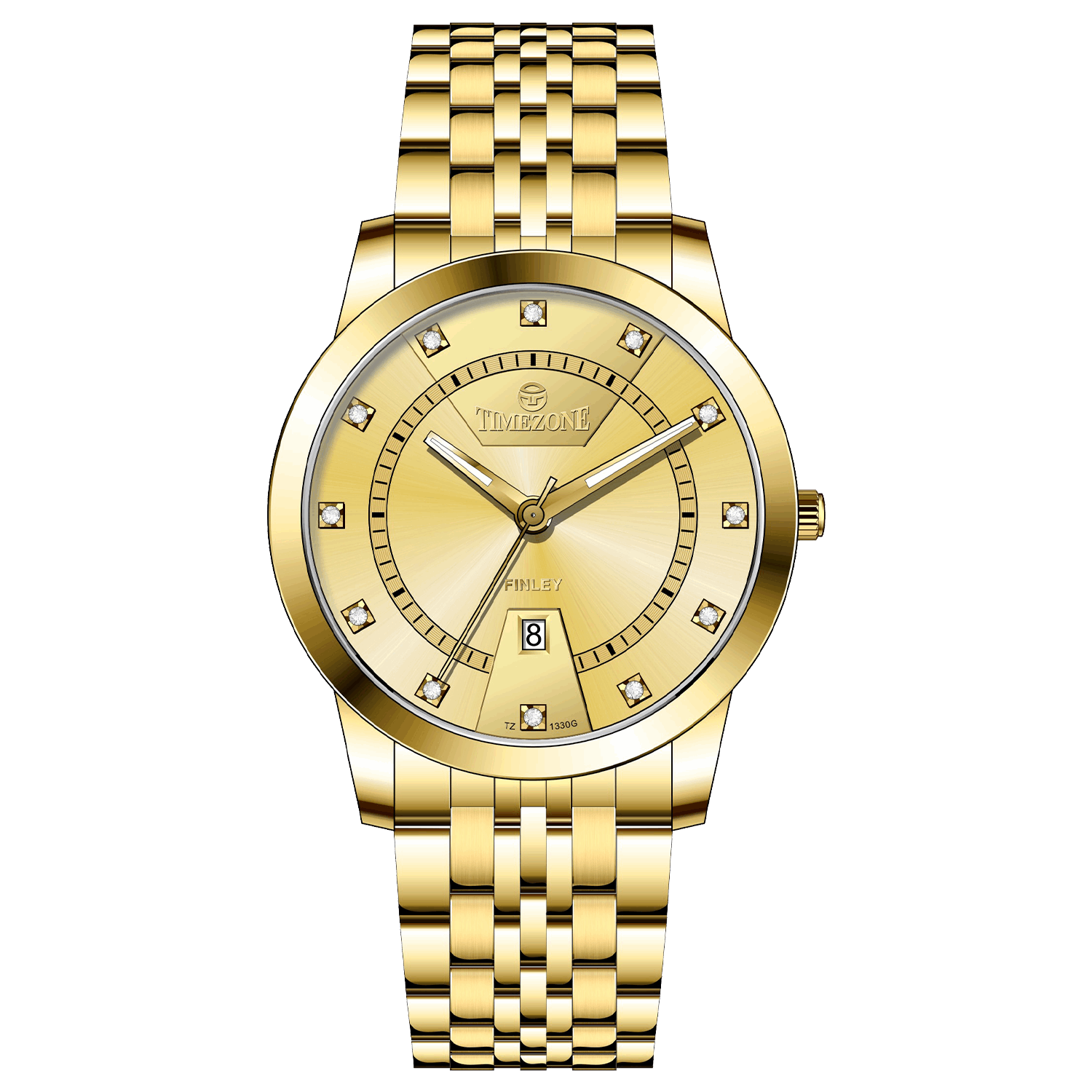 Branded wrist watch for men in pakistan. A gold-colored stainless steel Evertime Pulse watch with a white dial and diamond-like embellishments, displayed against a plain background.