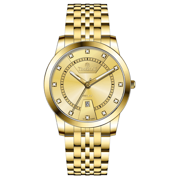 Branded wrist watch for men in pakistan. A gold-colored stainless steel Evertime Pulse watch with a white dial and diamond-like embellishments, displayed against a plain background.