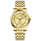 Branded wrist watch for men in pakistan. A gold-colored stainless steel Evertime Pulse watch with a white dial and diamond-like embellishments, displayed against a plain background.