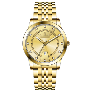Branded wrist watch for men in pakistan. A gold-colored stainless steel Evertime Pulse watch with a white dial and diamond-like embellishments, displayed against a plain background.