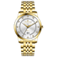 Branded wrist watch for men in pakistan. A gold-colored stainless steel Evertime Pulse watch with a white dial and diamond-like embellishments, displayed against a plain background.