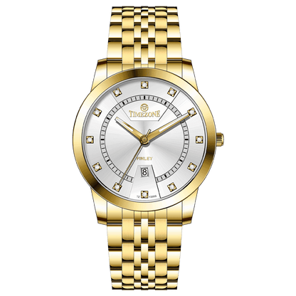 Branded wrist watch for men in pakistan. A gold-colored stainless steel Evertime Pulse watch with a white dial and diamond-like embellishments, displayed against a plain background.