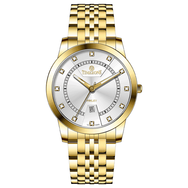 Branded wrist watch for men in pakistan. A gold-colored stainless steel Evertime Pulse watch with a white dial and diamond-like embellishments, displayed against a plain background.