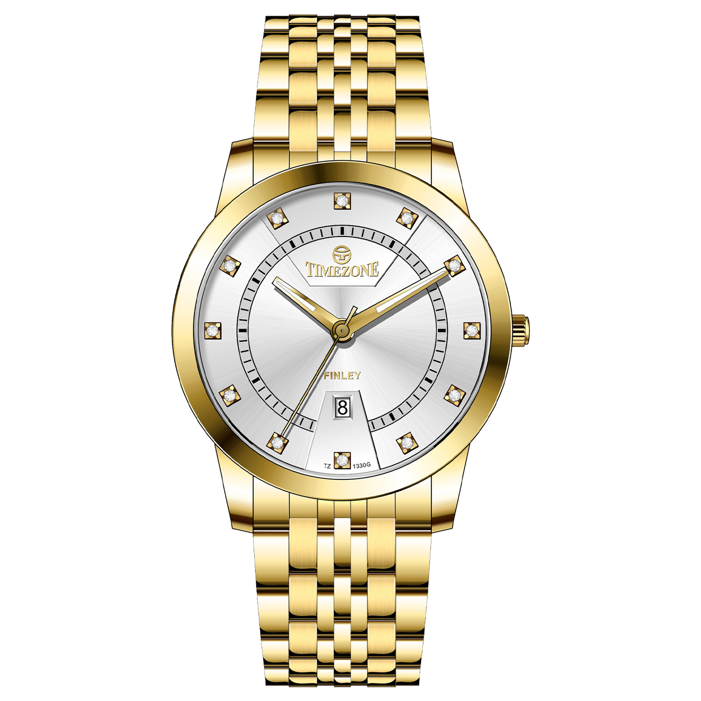 Branded wrist watch for men in pakistan. A gold-colored stainless steel Evertime Pulse watch with a white dial and diamond-like embellishments, displayed against a plain background.