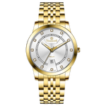 Branded wrist watch for men in pakistan. A gold-colored stainless steel Evertime Pulse watch with a white dial and diamond-like embellishments, displayed against a plain background.