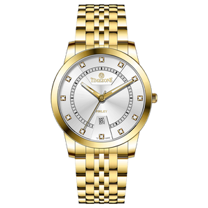 Branded wrist watch for men in pakistan. A gold-colored stainless steel Evertime Pulse watch with a white dial and diamond-like embellishments, displayed against a plain background.