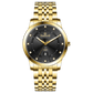 Branded wrist watch for men in pakistan. A gold-colored stainless steel Evertime Pulse watch with a black dial and diamond-like embellishments, displayed against a plain background.