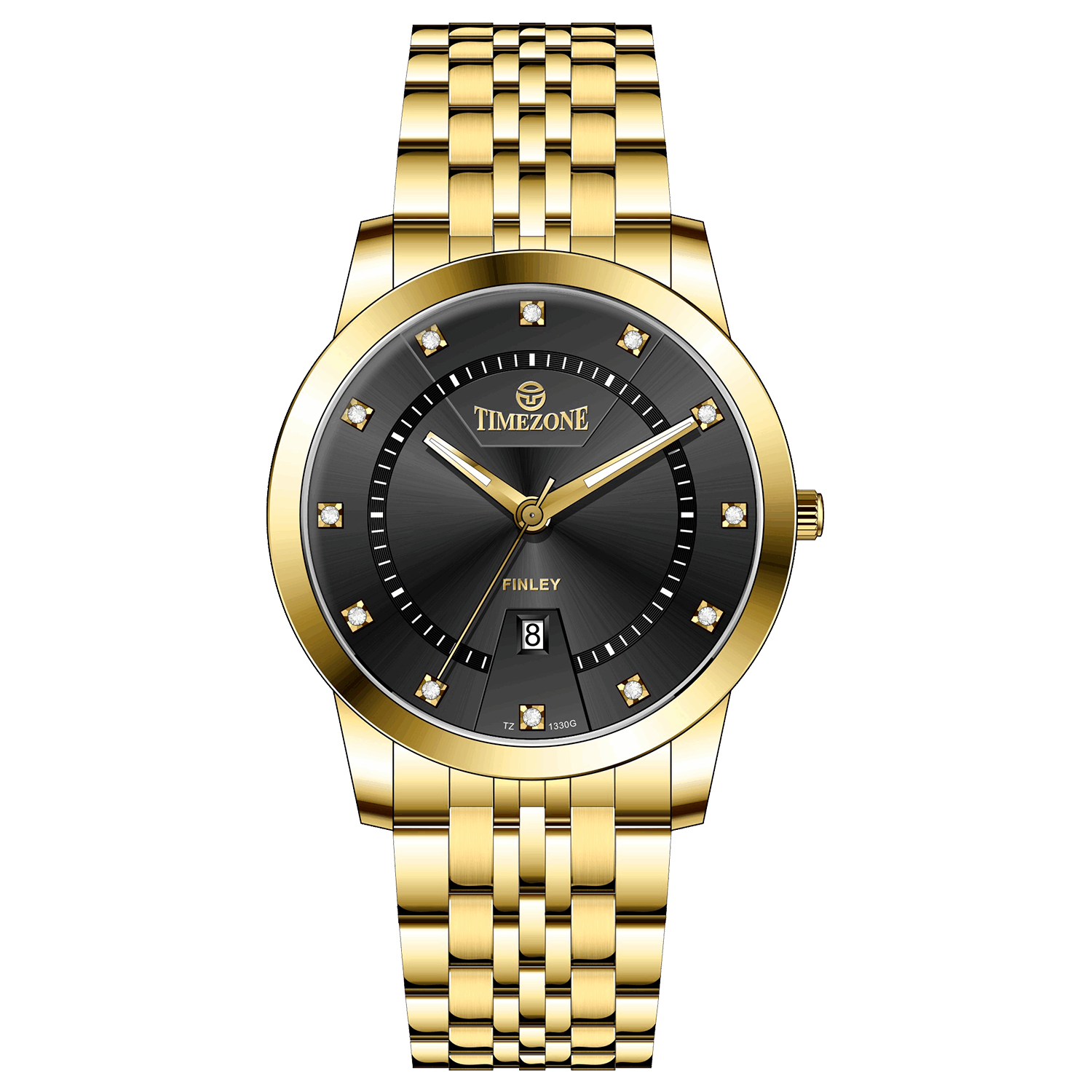 Branded wrist watch for men in pakistan. A gold-colored stainless steel Evertime Pulse watch with a black dial and diamond-like embellishments, displayed against a plain background.