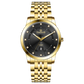 Branded wrist watch for men in pakistan. A gold-colored stainless steel Evertime Pulse watch with a black dial and diamond-like embellishments, displayed against a plain background.