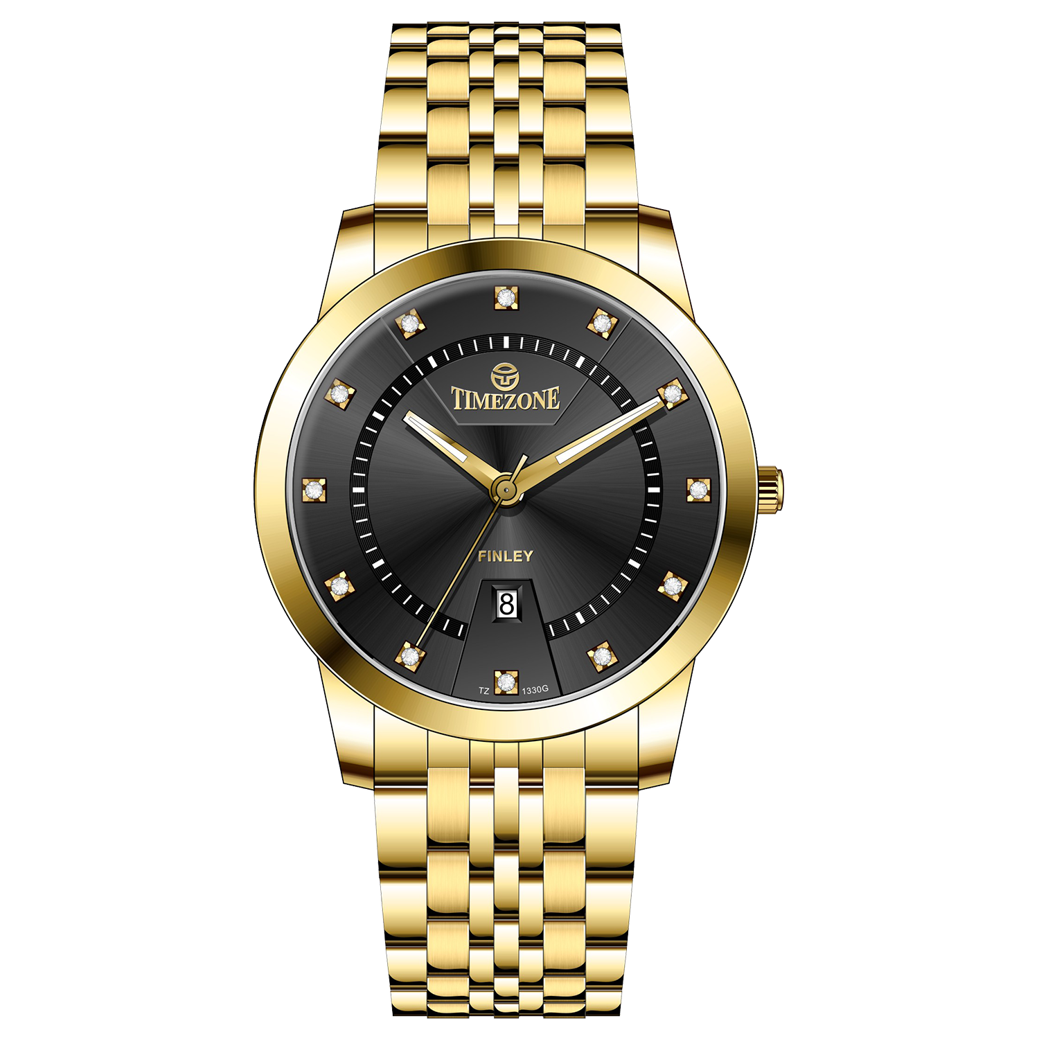 Branded wrist watch for men in pakistan. A gold-colored stainless steel Evertime Pulse watch with a black dial and diamond-like embellishments, displayed against a plain background.
