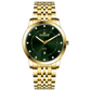 Branded wrist watch for men in pakistan. A gold-colored stainless steel Evertime Pulse watch with a green dial and diamond-like embellishments, displayed against a plain background.