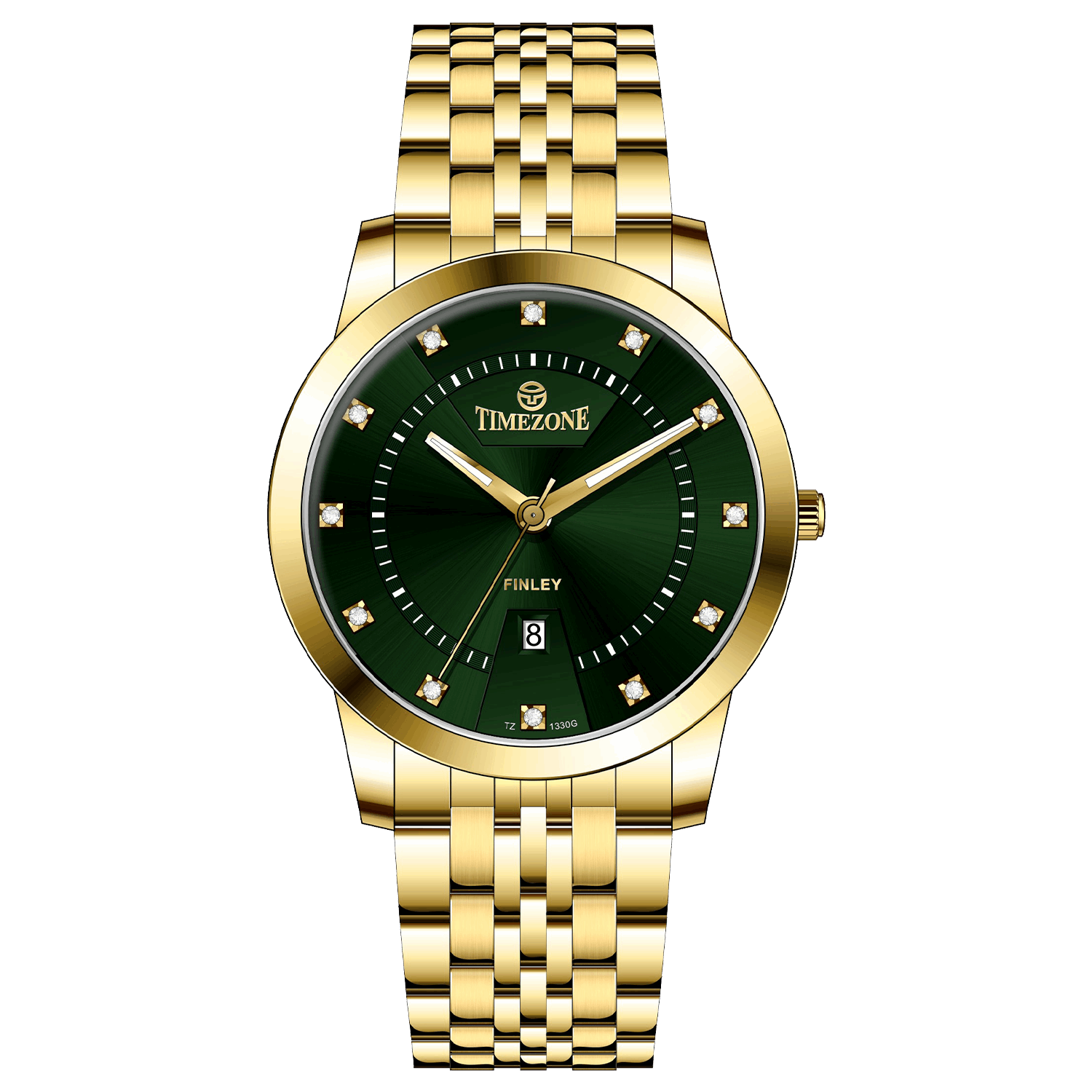 Branded wrist watch for men in pakistan. A gold-colored stainless steel Evertime Pulse watch with a green dial and diamond-like embellishments, displayed against a plain background.