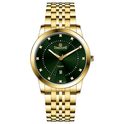 Branded wrist watch for men in pakistan. A gold-colored stainless steel Evertime Pulse watch with a green dial and diamond-like embellishments, displayed against a plain background.