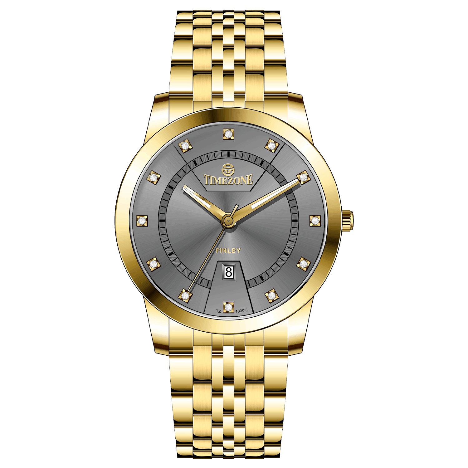 Branded wrist watch for men in pakistan. A gold-colored stainless steel Evertime Pulse watch with a white dial and diamond-like embellishments, displayed against a plain background.