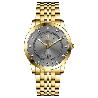 Branded wrist watch for men in pakistan. A gold-colored stainless steel Evertime Pulse watch with a white dial and diamond-like embellishments, displayed against a plain background.