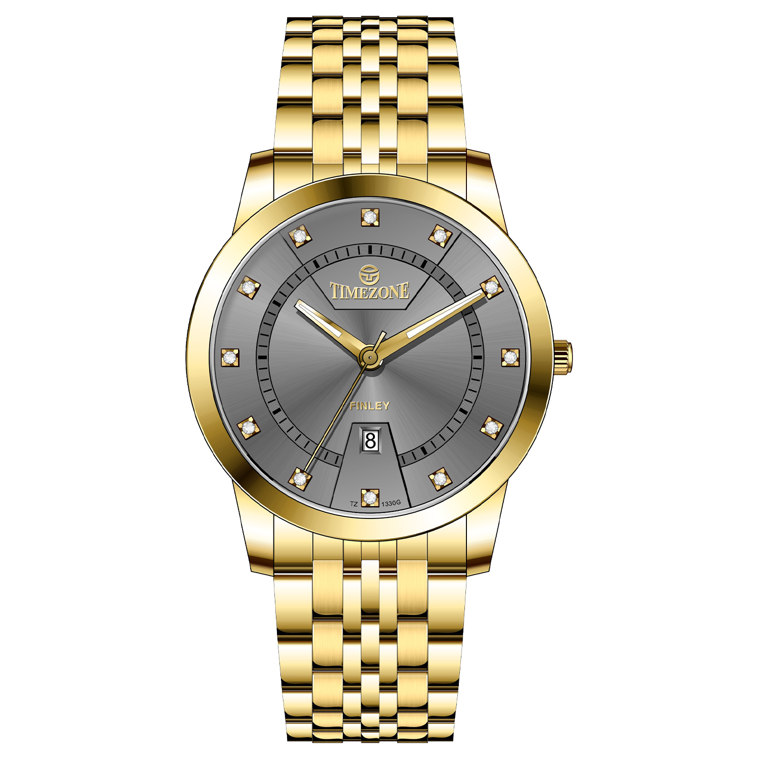 Branded wrist watch for men in pakistan. A gold-colored stainless steel Evertime Pulse watch with a white dial and diamond-like embellishments, displayed against a plain background.