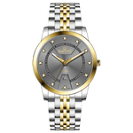 Branded wrist watch for men in pakistan. A two-tone stainless steel Evertime Aura watch with a silver dial, gold casing, and a date display, accompanied by a link strap.