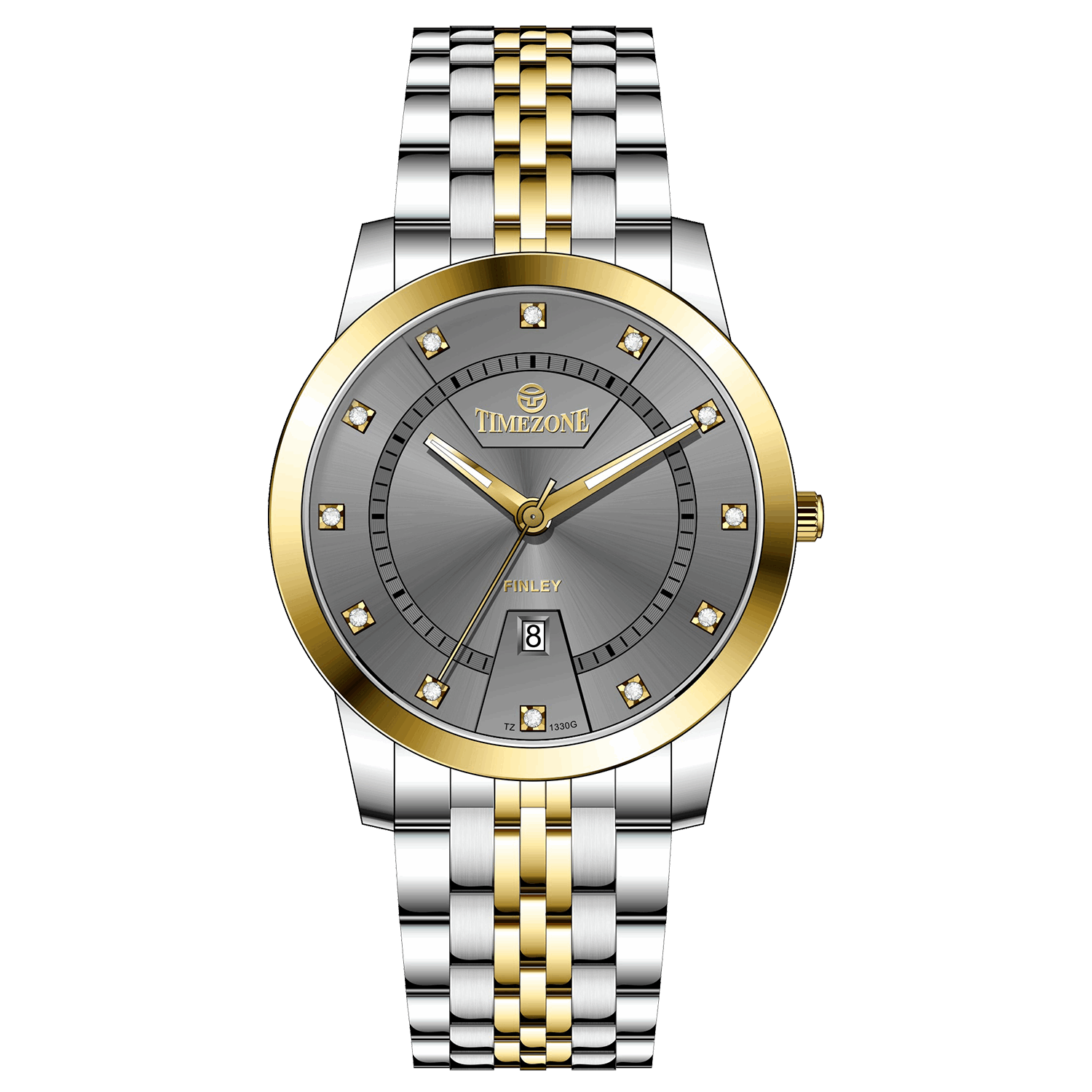 Branded wrist watch for men in pakistan. A two-tone stainless steel Evertime Aura watch with a silver dial, gold casing, and a date display, accompanied by a link strap.